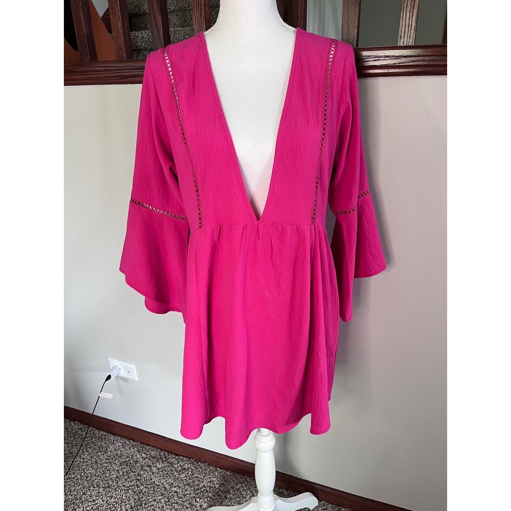 B Brand Hot Pink Deep V-Neck Bell Sleeve Mini Dress with Crochet Lace Trim L